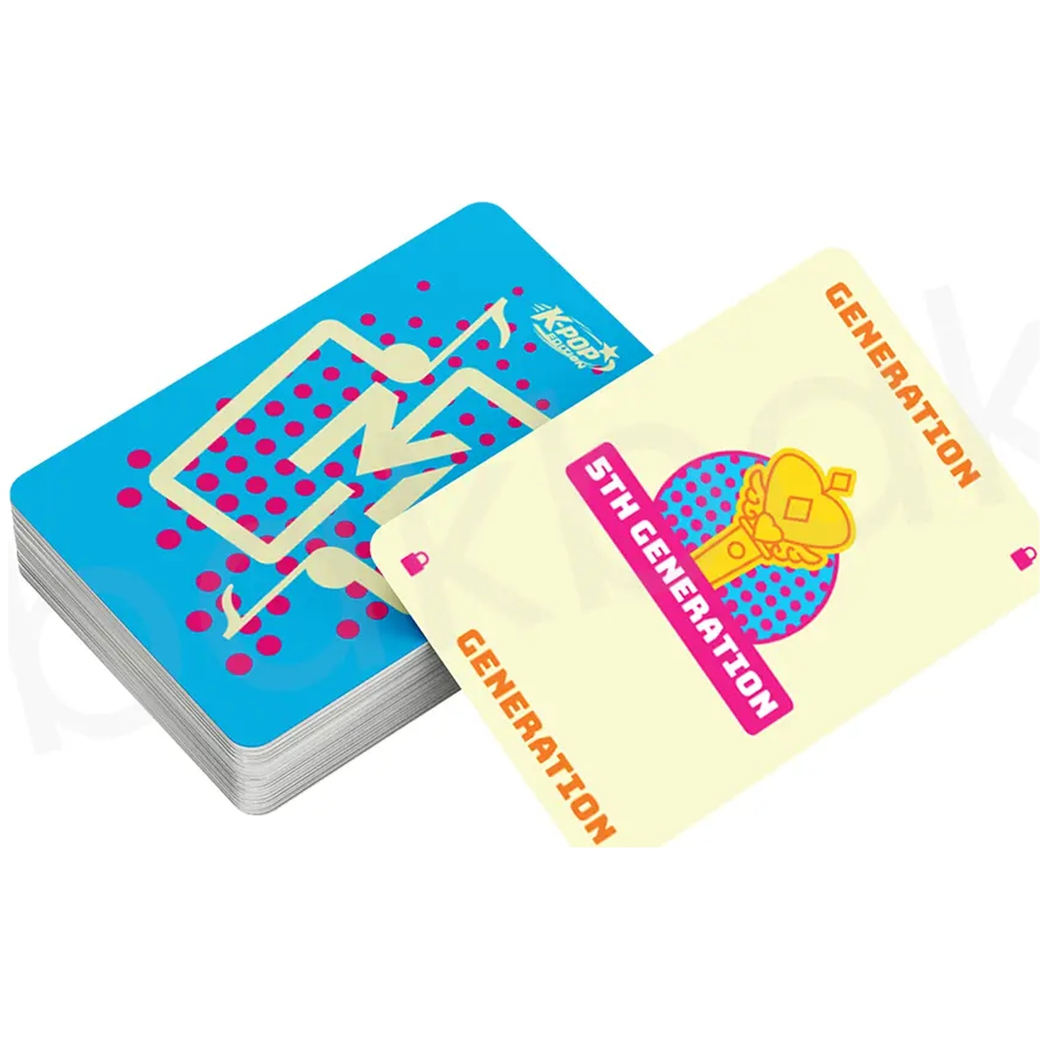 A deck of colorful K-Pop playing cards with music notes and text on a white background.