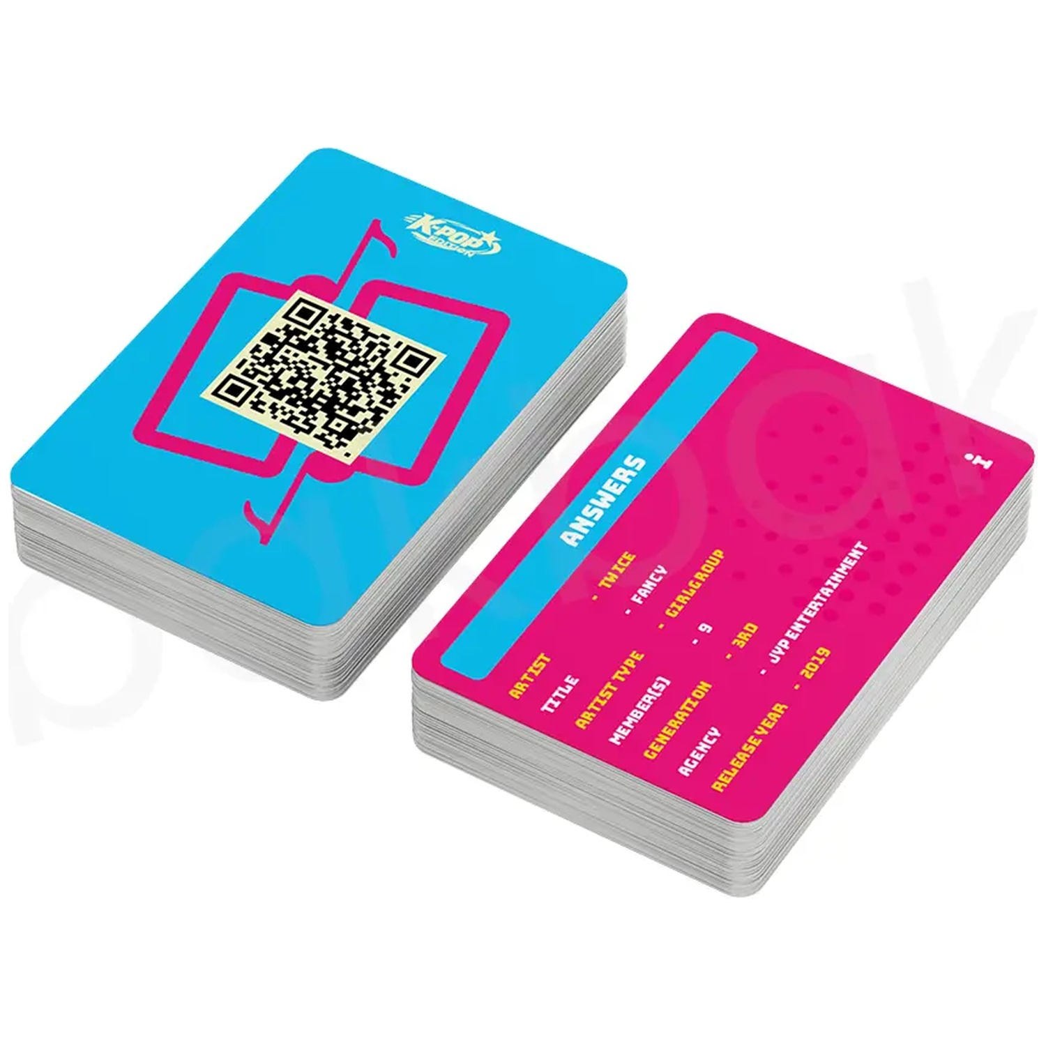 Two decks of K-Pop edition cards: the left is blue with a QR code, the right is pink with text.