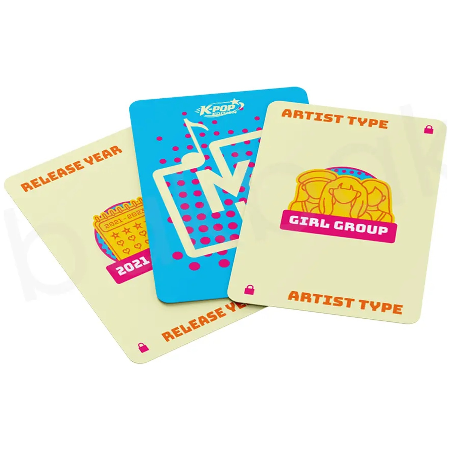 Three colorful K-Pop game cards with text and graphics overlapping on a white background.