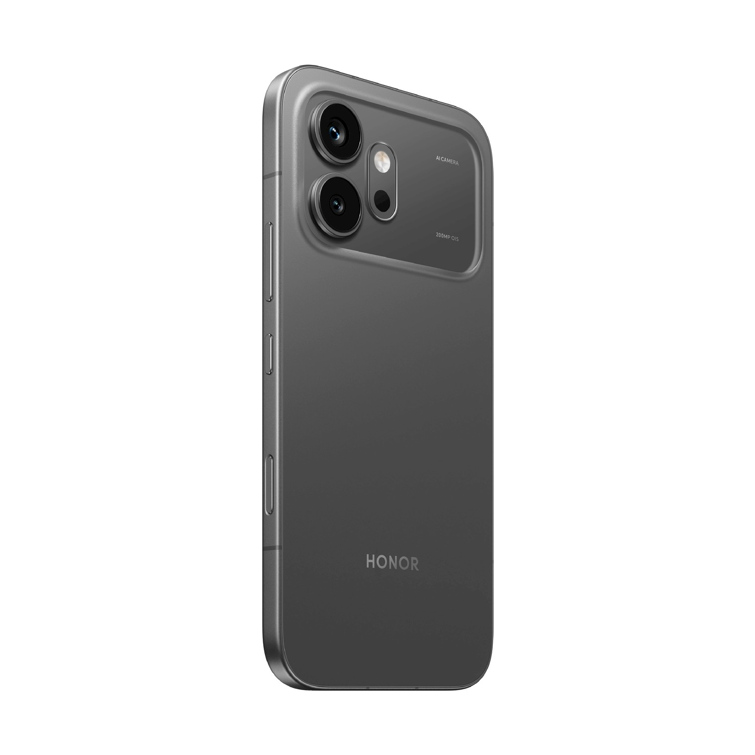 Smartphone Honor grigio visto da dietro, con due grandi obiettivi fotografici e il logo Honor in basso.