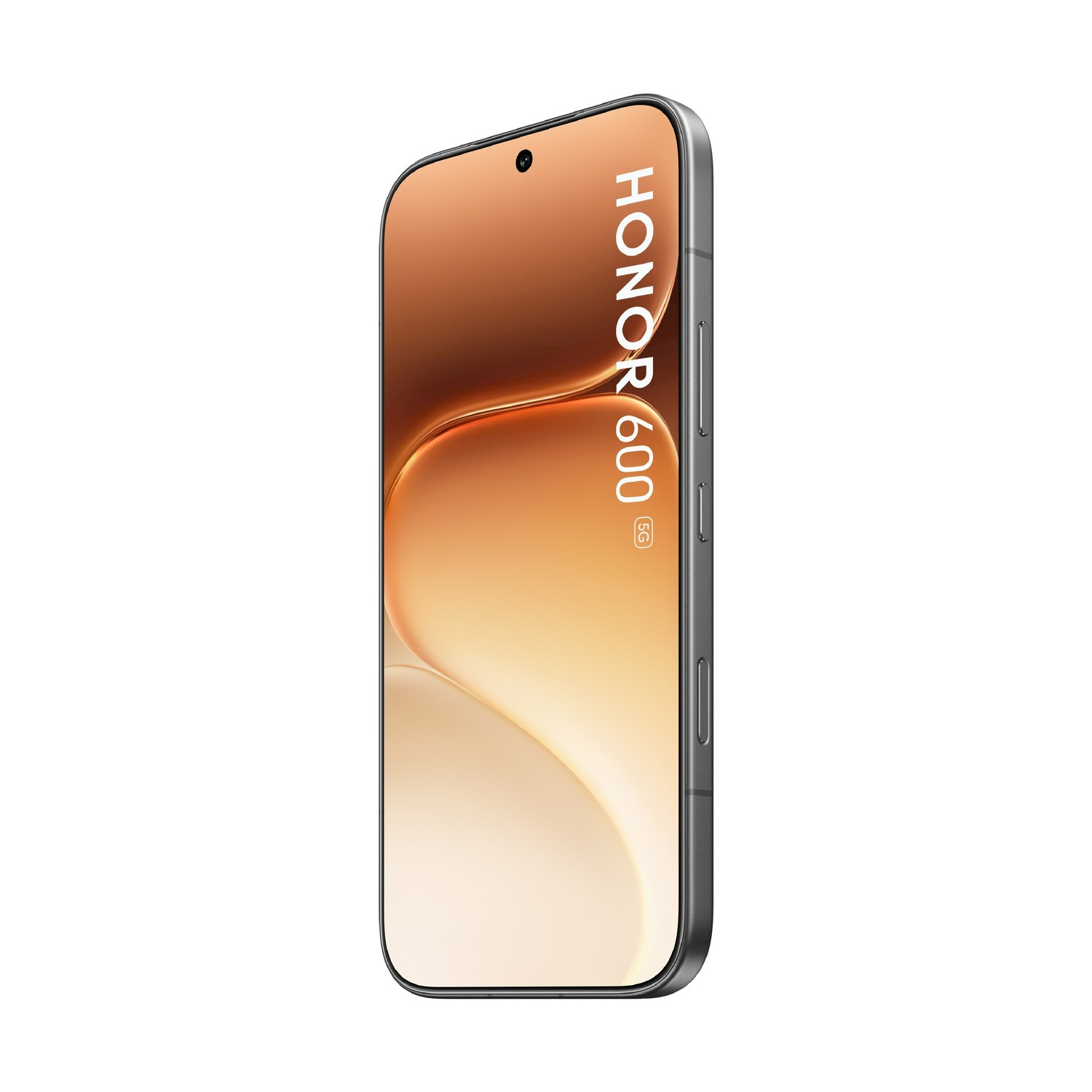 Uno smartphone con display arancione e la scritta "HONOR 600 5G" su sfondo bianco.
