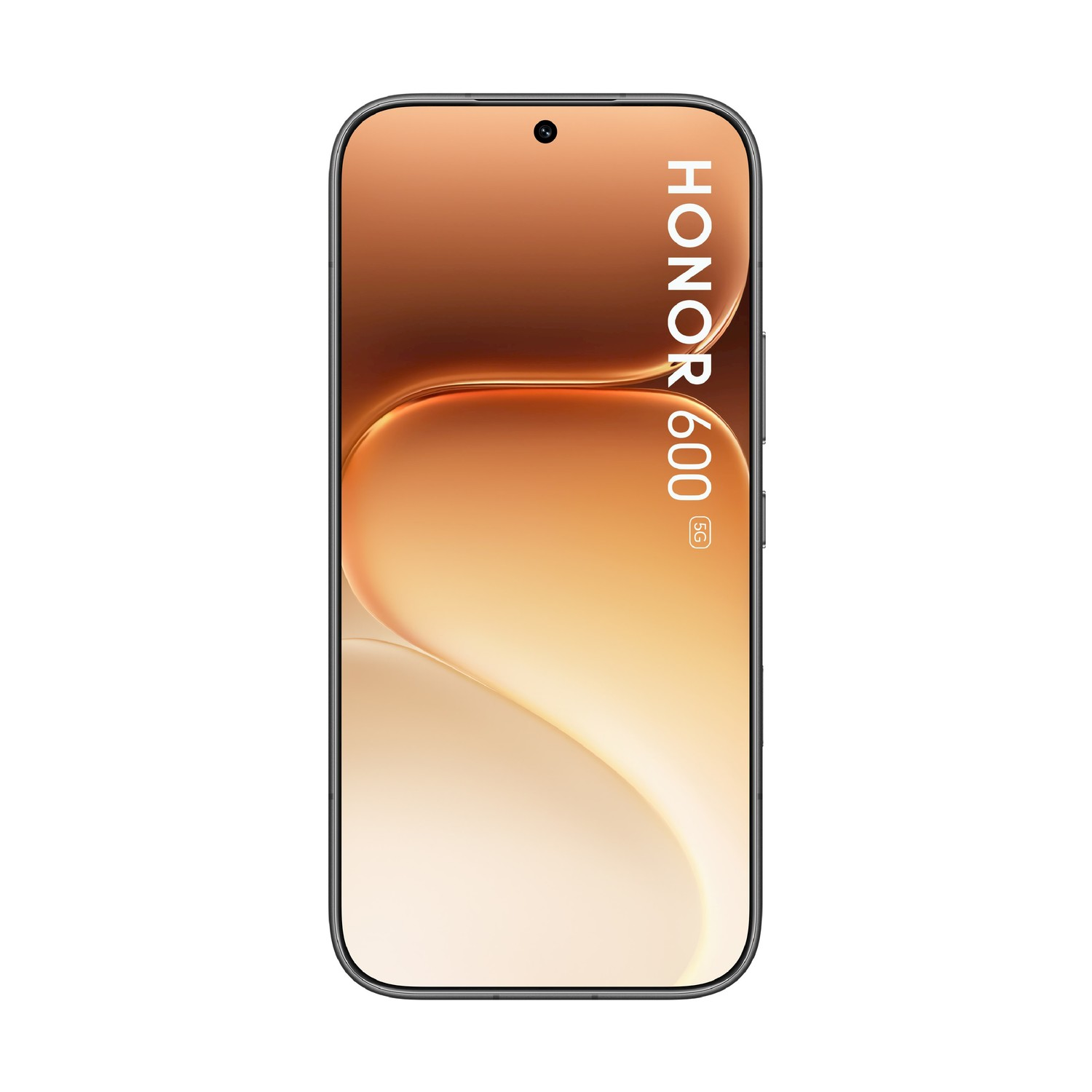 Uno smartphone con HONOR 600 5G sullo schermo dorato e una fotocamera frontale in alto.