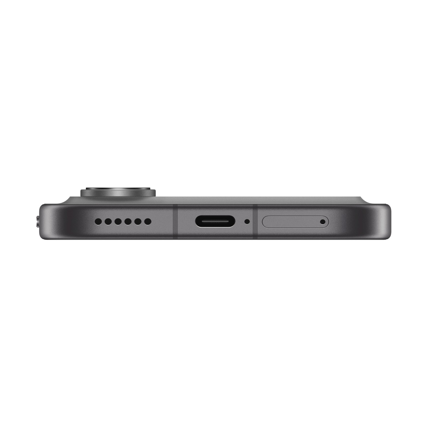 Vista dal basso di uno smartphone con porta USB-C, griglia dell'altoparlante e carrello SIM.