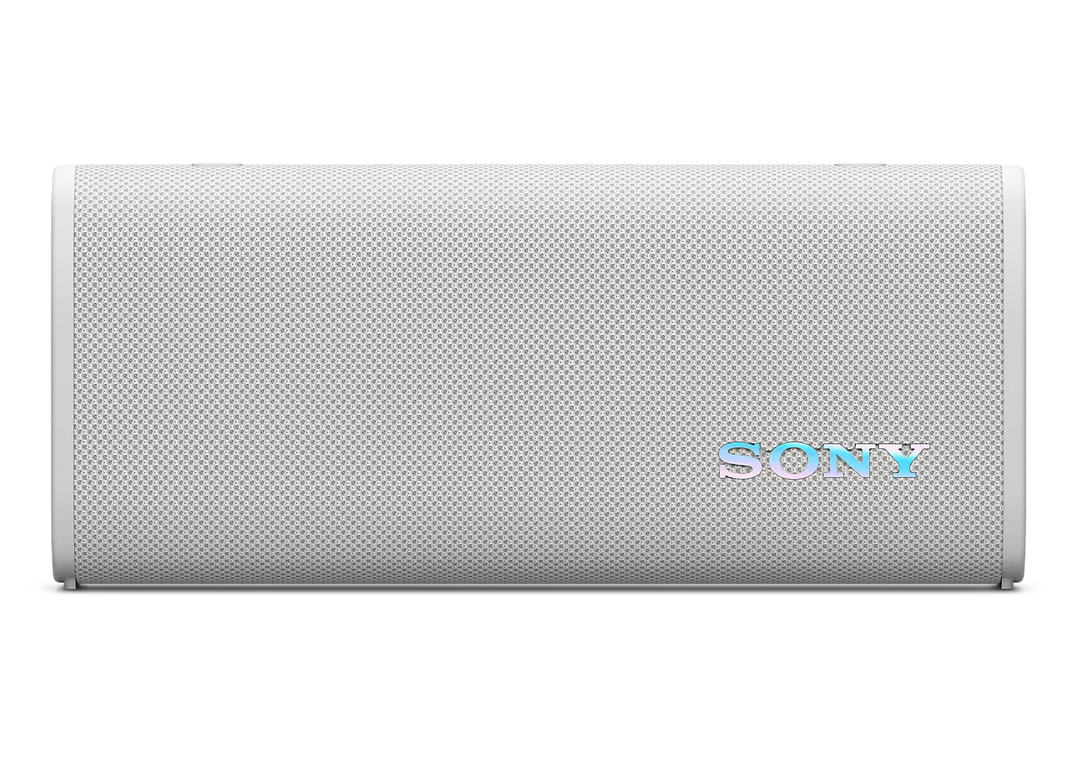 Siyah arka plan önünde, ön tarafında parıltılı marka logosu olan beyaz bir Sony Bluetooth hoparlör.