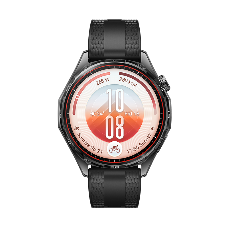 Eine schwarze Smartwatch mit rotem Zifferblatt zeigt Uhrzeit, Temperatur, Kalorien und Sonnenaufgangszeiten.