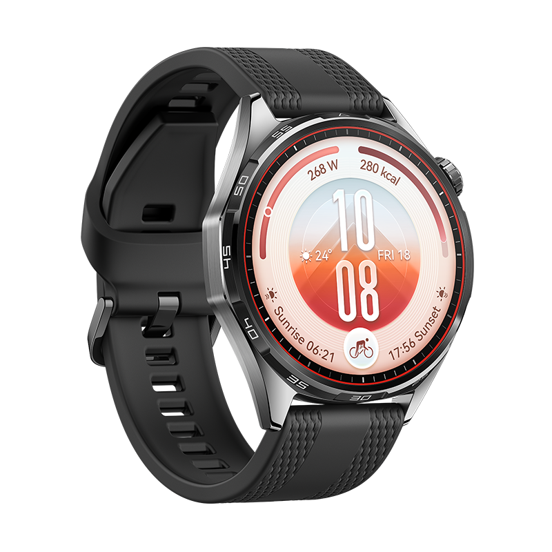 Eine schwarze Smartwatch mit Metallgehäuse und digitalem Zifferblatt zeigt Uhrzeit und Fitnessdaten auf schwarzem Grund.