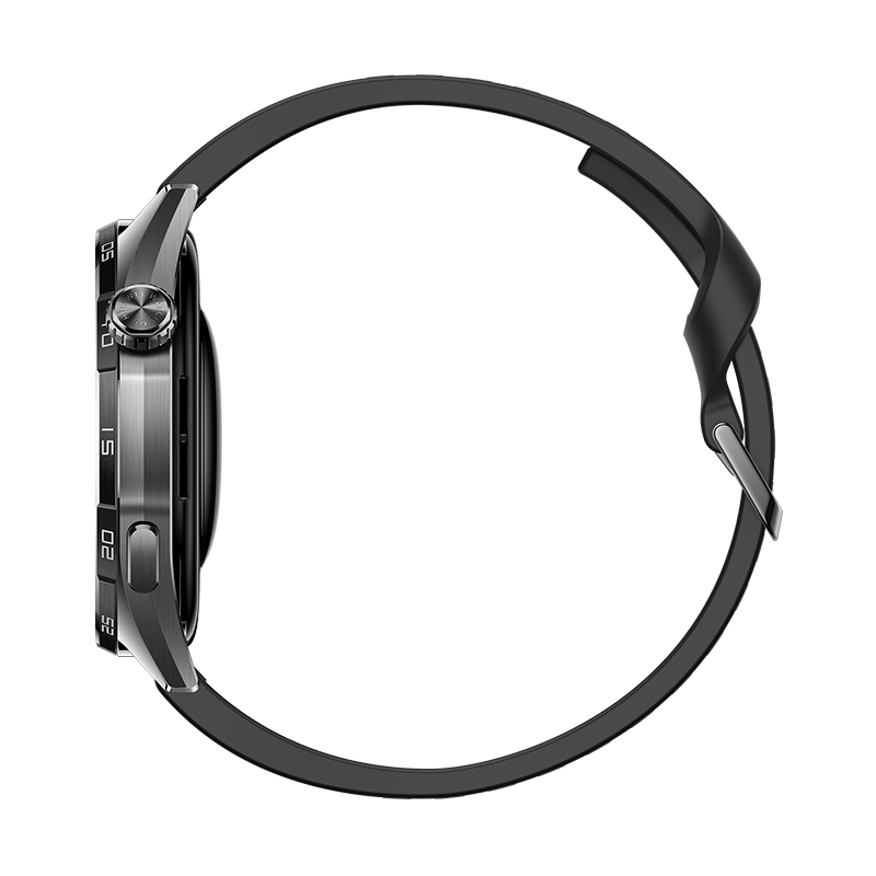 Seitenansicht einer schwarzen Smartwatch mit Metallgeh äuse und schwarzem Silikonarmband vor dunklem Hintergrund.