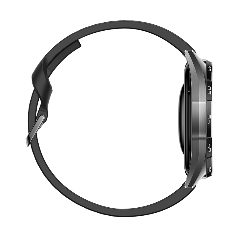 Seitenansicht einer schwarzen Smartwatch mit Metallgehäuse und Kautschukarmband vor schwarzem Hintergrund.
