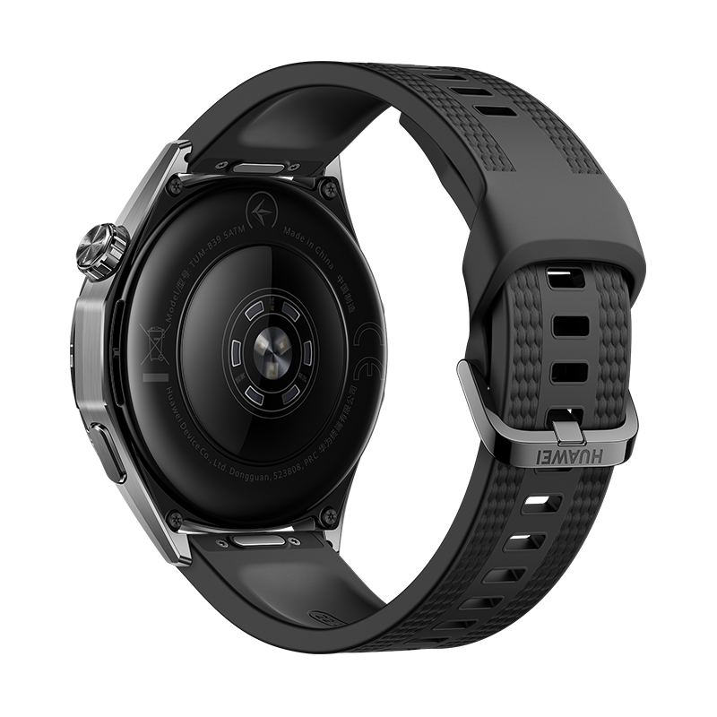 Rückseite einer schwarzen Smartwatch mit Sensoren und strukturiertem Armband.