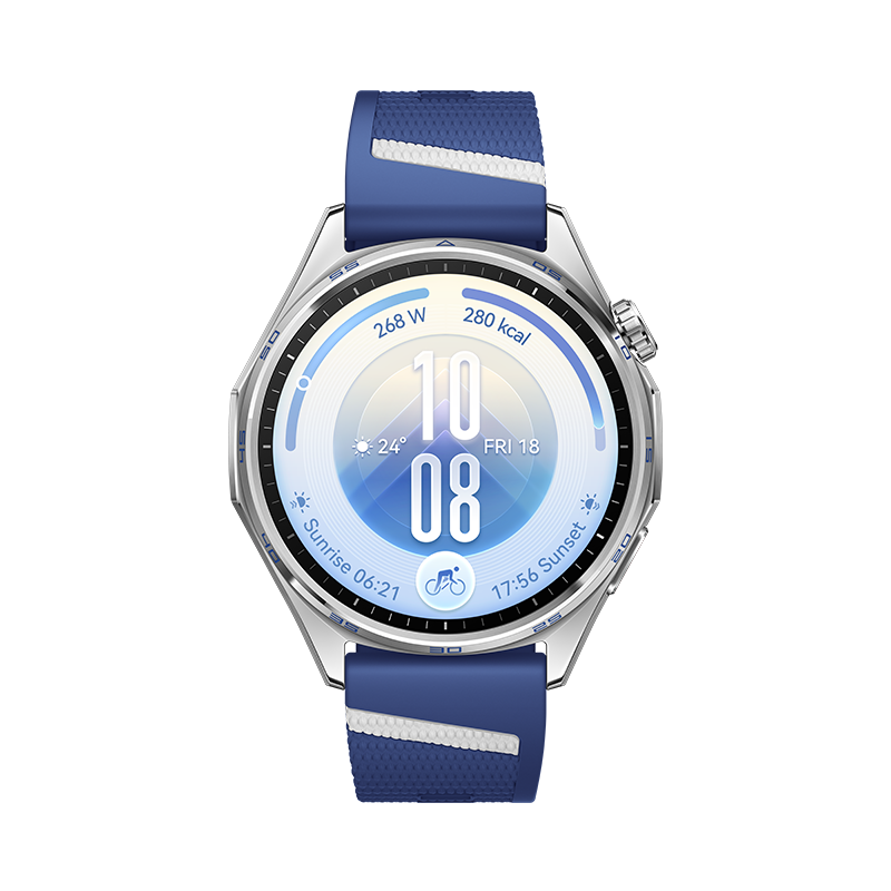 Silberne Smartwatch mit blauem Armband und Zifferblatt für Fitness, Zeit, Wetter und Sonnenaufgang.