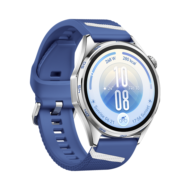 Eine elegante Smartwatch mit silbernem Gehäuse, blauem Silikonarmband und einem Zifferblatt mit Fitnessdaten.