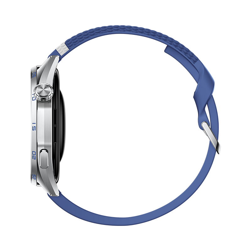 Seitenansicht einer Smartwatch mit silbernem Gehäuse, blauer Lünette und blauem strukturierten Silikonarmband auf schwarzem Hintergrund.
