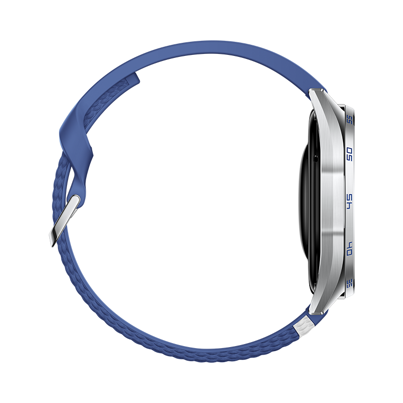 Eine Smartwatch mit silbernem Gehäuse und strukturiertem blauen Armband auf schwarzem Hintergrund.