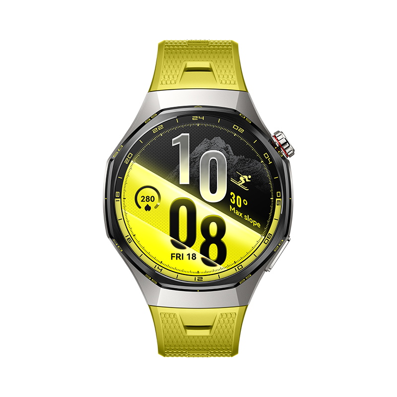 Smartwatch mit gelbem Armband und Metallgehäuse zeigt Uhrzeit 10:08 und Skimotiv auf schwarzem Hintergrund.