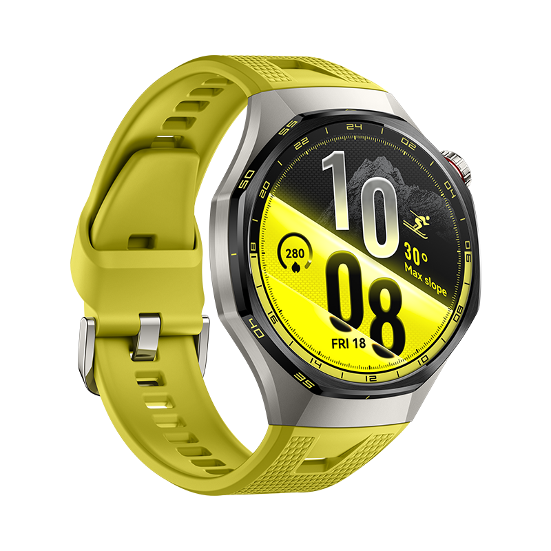 Eine silberne Smartwatch mit gelbem Armband zeigt Zeit, Datum und Aktivitätsdaten auf einem gelb-schwarzen Zifferblatt.