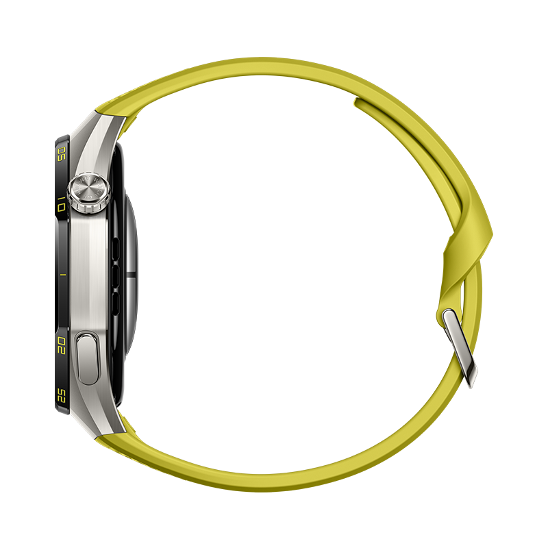 Seitenansicht einer Smartwatch mit silbernem Gehäuse, schwarzem Lünettenrand und leuchtstarkem gelben Silikonarmband.
