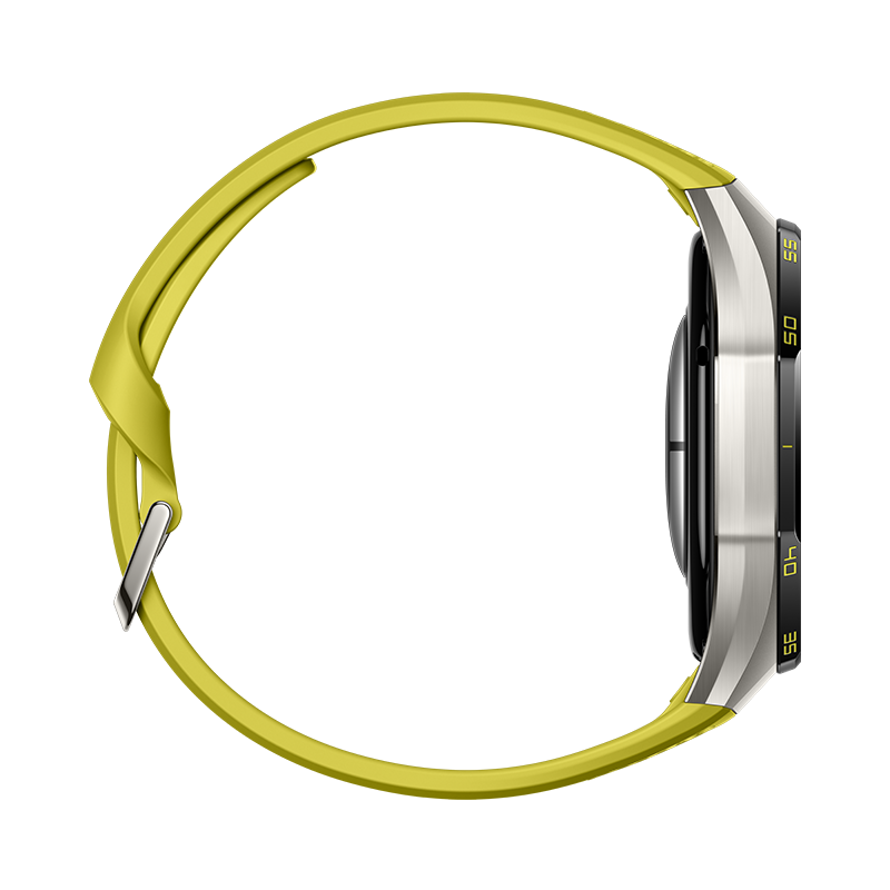 Seitenansicht einer Smartwatch mit gelbem Armband und schwarzem Gehäuse auf schwarzem Hintergrund.