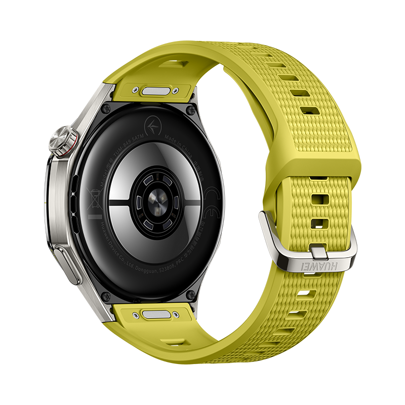 Rückseite einer Smartwatch mit gelbem Textilarmband und Sensoren auf schwarzem Hintergrund.