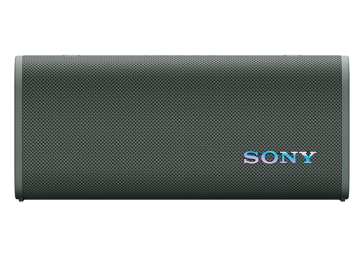 Siyah arka planda, ızgaralı ve rengarenk logolu, dikdörtgen gri bir Sony kablosuz hoparlör.
