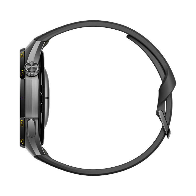Eine schwarze Smartwatch mit schlankem Metallgehäuse und dunklem Silikonarmband im Seitenprofil auf schwarzem Hintergrund.