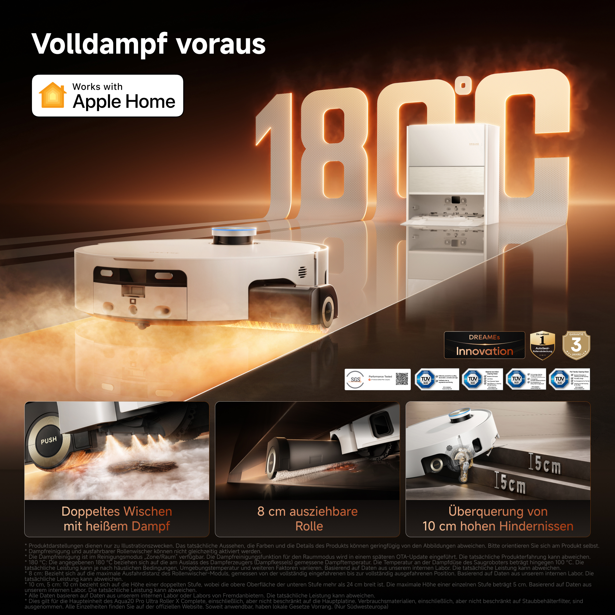 Werbebild für einen Saugroboter mit Dampffunktion, großer 180 Grad Anzeige, Apple Home Logo und Funktionsdetails.