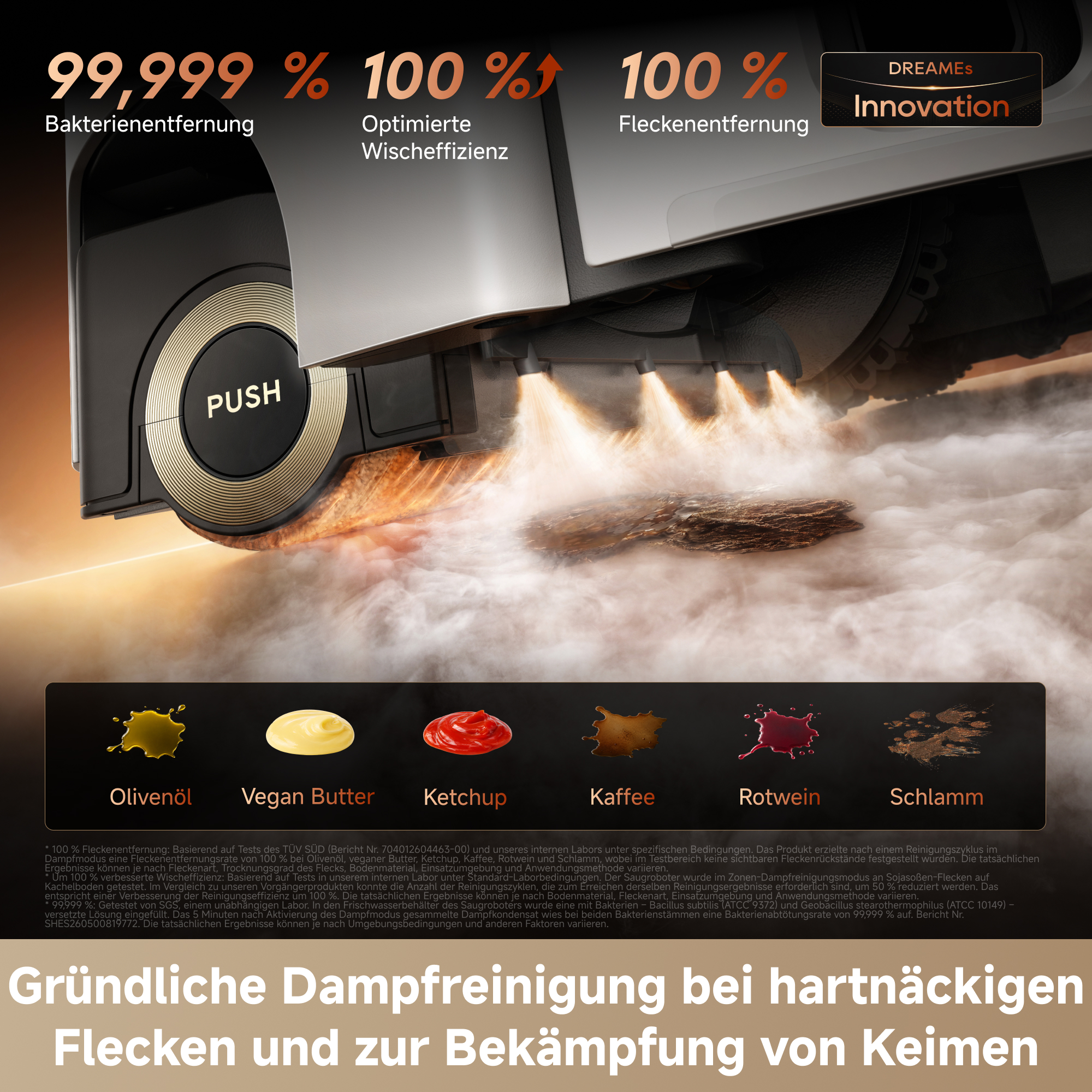 Roboterbürste mit Dampfstrahl reinigt Schmutz am Boden.