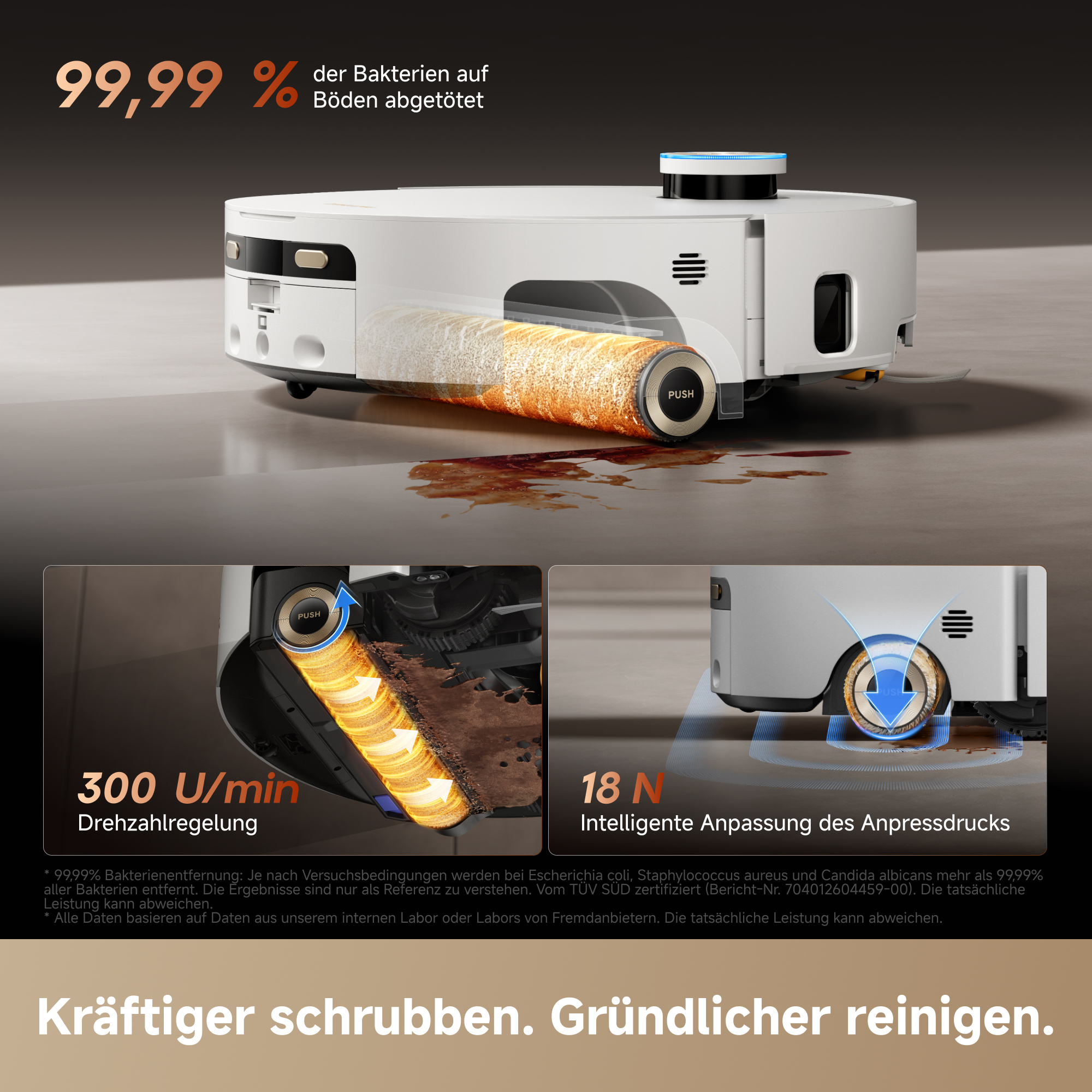 Weißer Saugroboter mit rotierender Wischwalze und Werbetext über starke Reinigungsleistung.