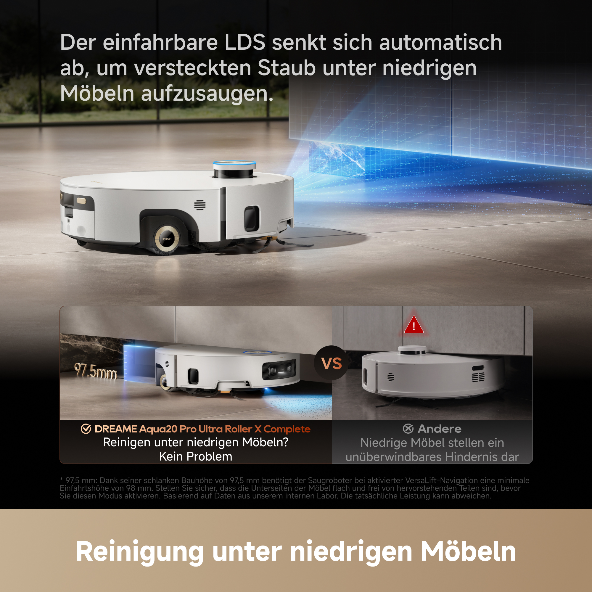 Ein weißer Saugroboter reinigt mit absenkbarem LDS unter niedrigem Mobiliar.