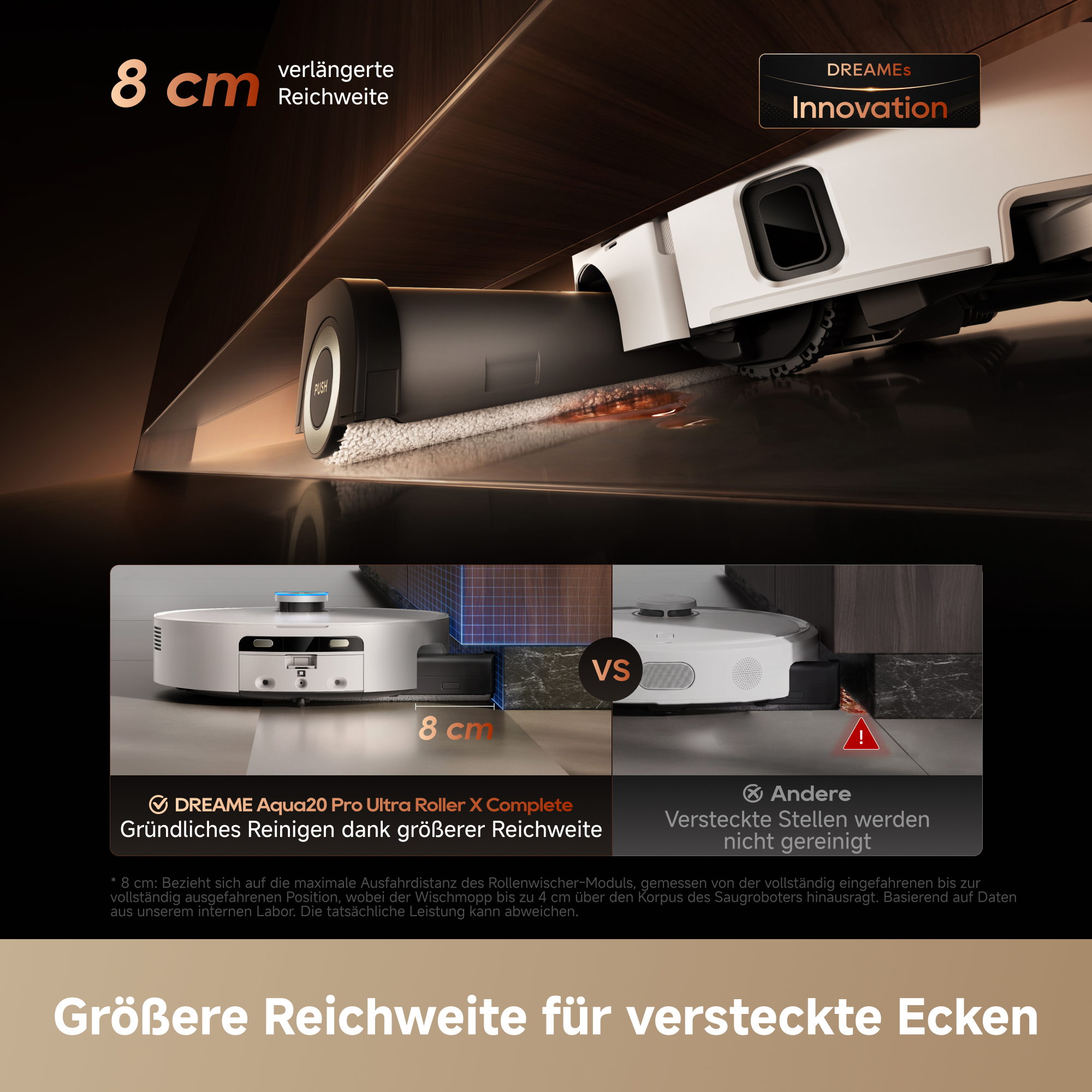 Ein Saugroboter mit ausfahrbarem Wischmopp reinigt unter Möbeln, im Vergleich zu einem herkömmlichen Modell.