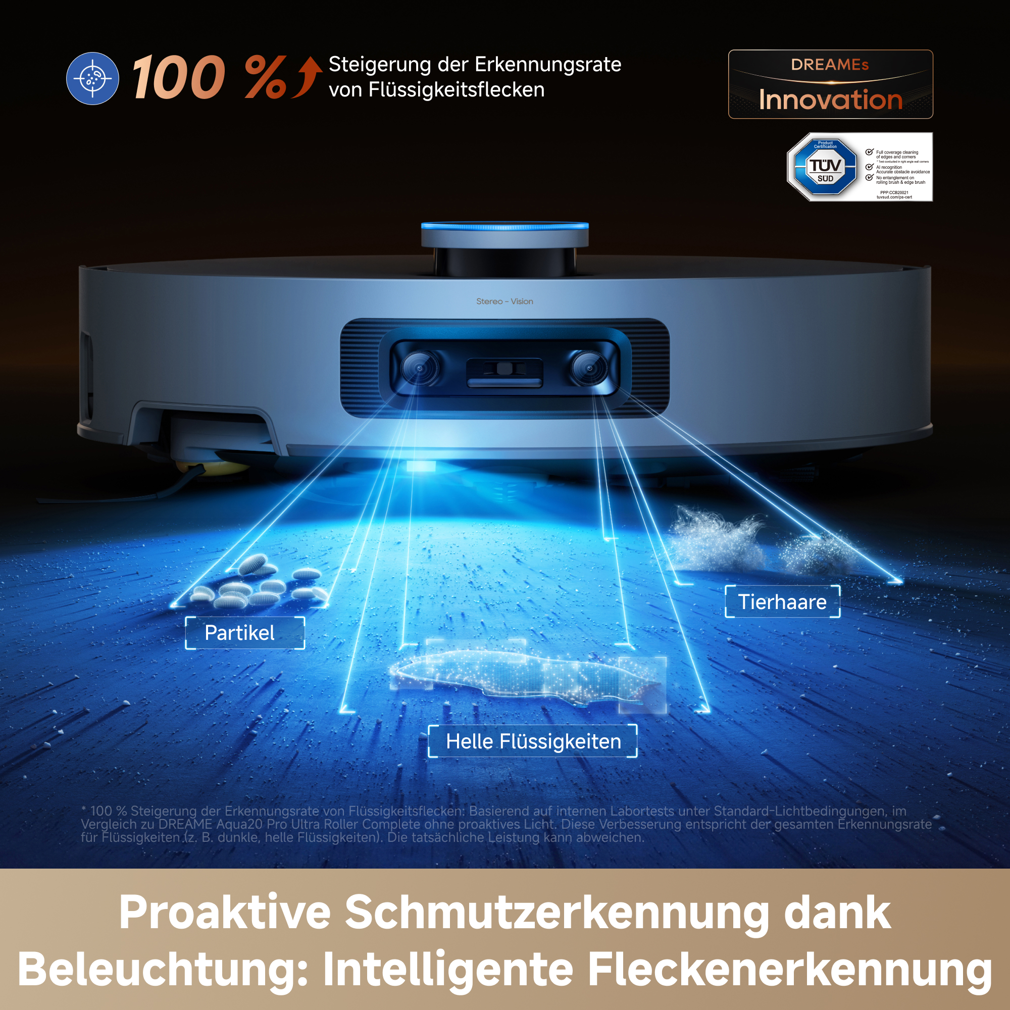 Saugroboter scannt mit blauem Licht den Boden und erkennt Partikel, Tierhaare und helle Flüssigkeiten.