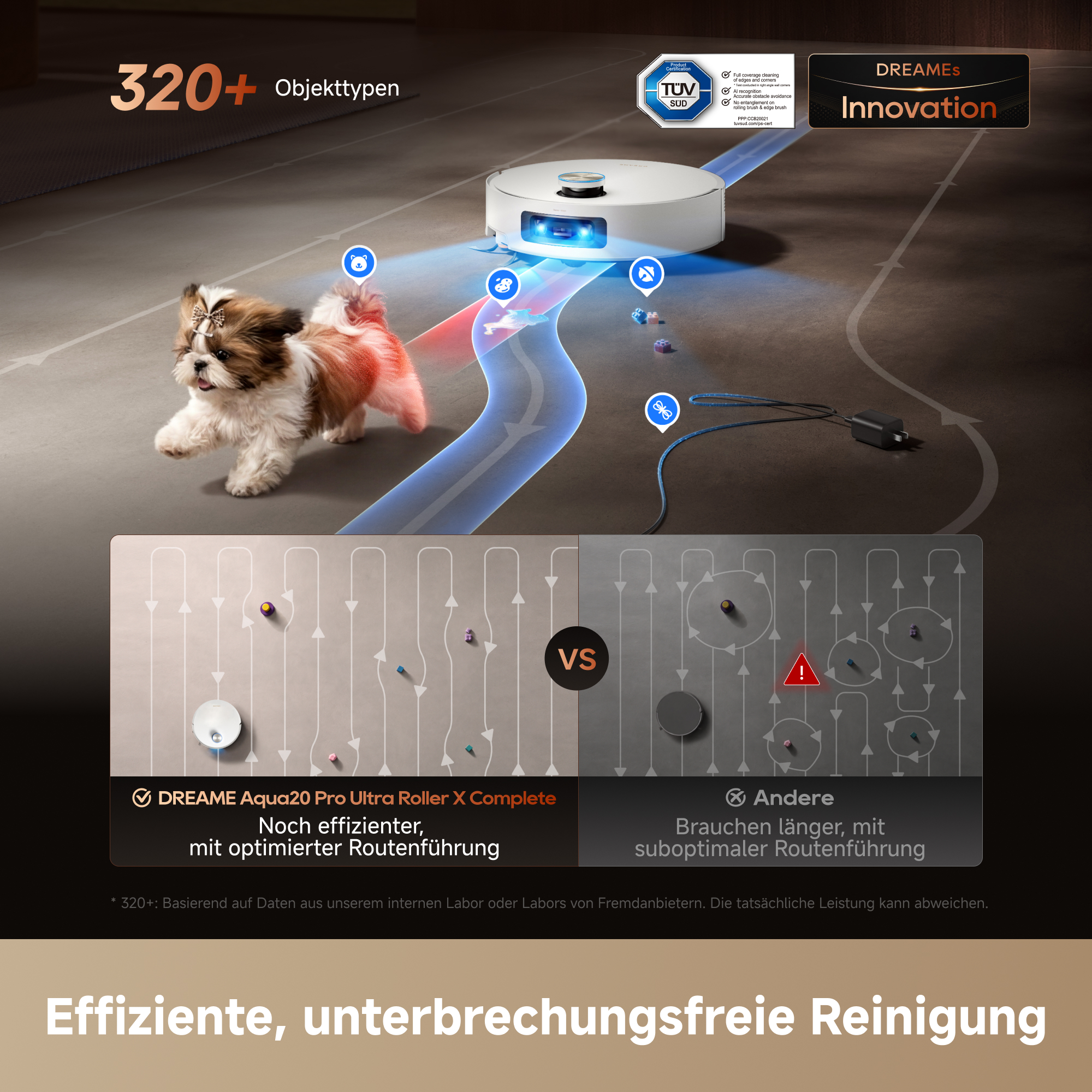 Ein Saugroboter reinigt effizient um Hindernisse wie einen Hund und Kabel herum, verglichen mit anderen Modellen.