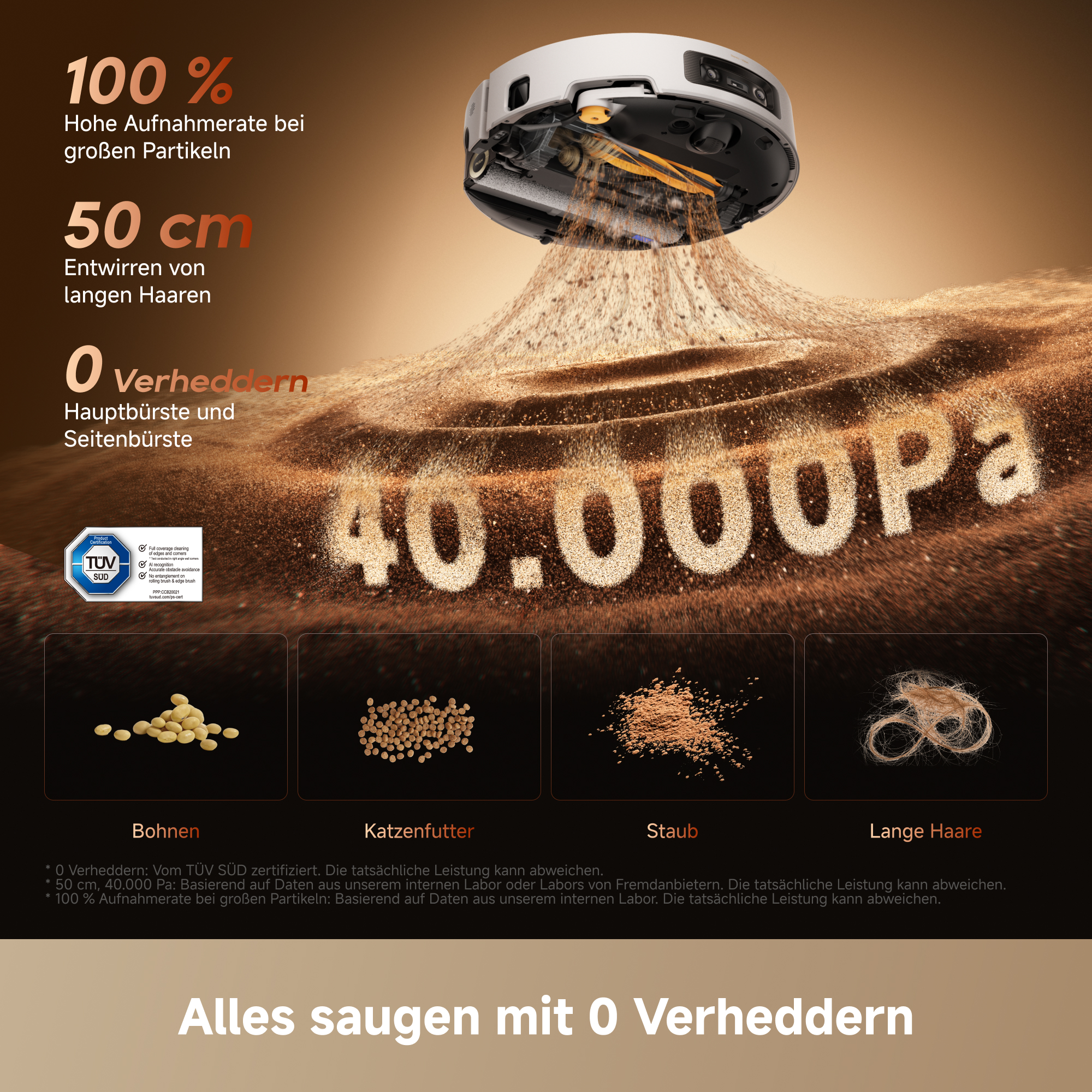 Roboterstaubsauger saugt Sand auf, dargestellt mit Texten zu Leistung und Beispielen wie Bohnen, Katzenfutter, Staub und Haaren.