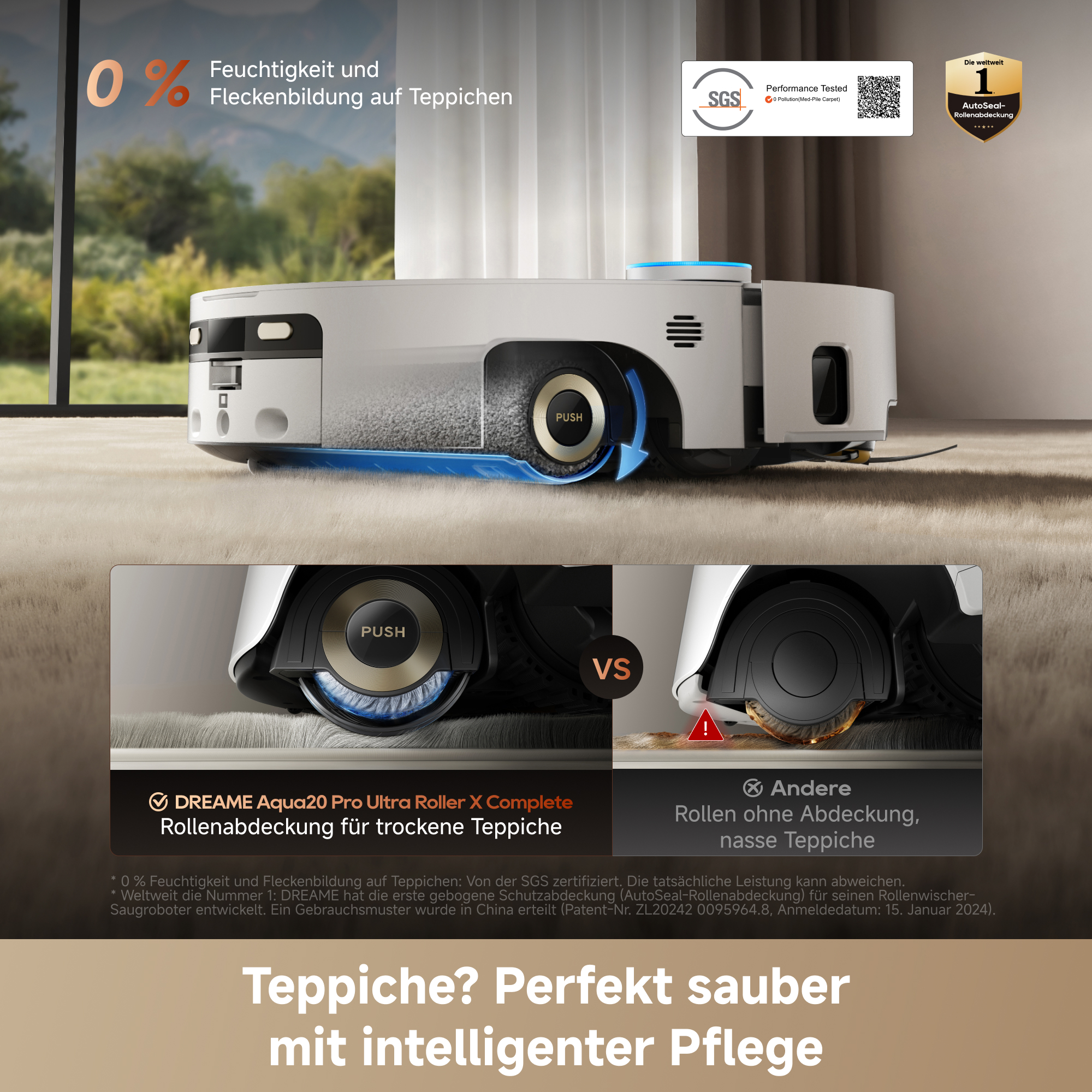 Ein weißer Saugroboter auf einem Teppich, der mit einer Schutzabdeckung nasse Teppiche verhindert.