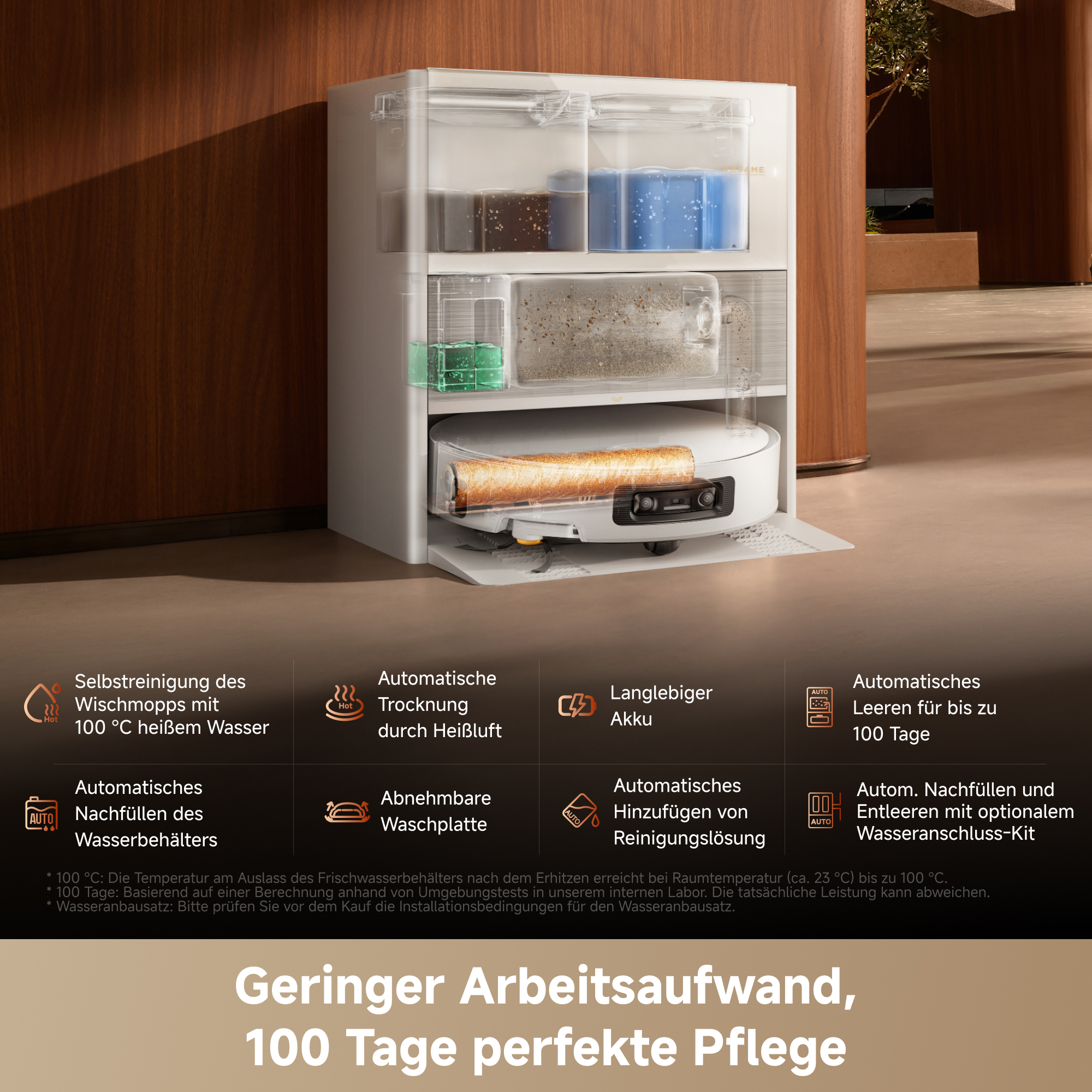 Roboterstaubsauger in einer Dockingstation mit Wassertanks und Reinigungsfunktionen vor Holzwand.