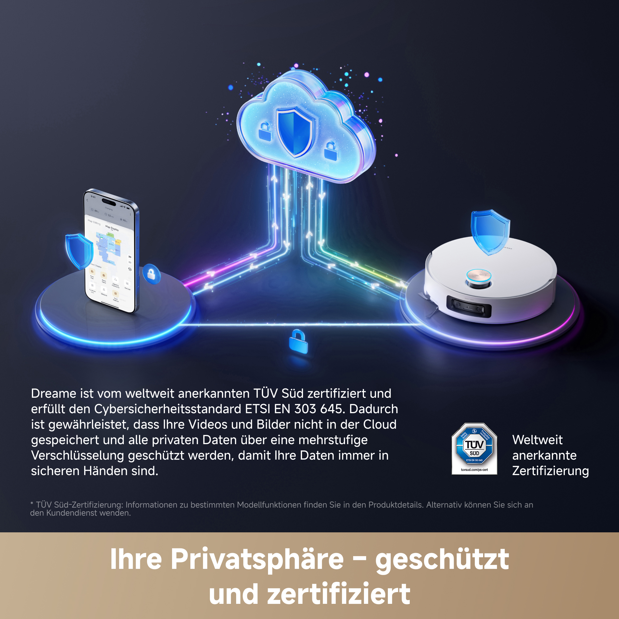 Eine Cloud mit Sicherheitsschloss verbindet Smartphone und Roboterstaubsauger, geschützt durch TÜV-Zertifizierung.