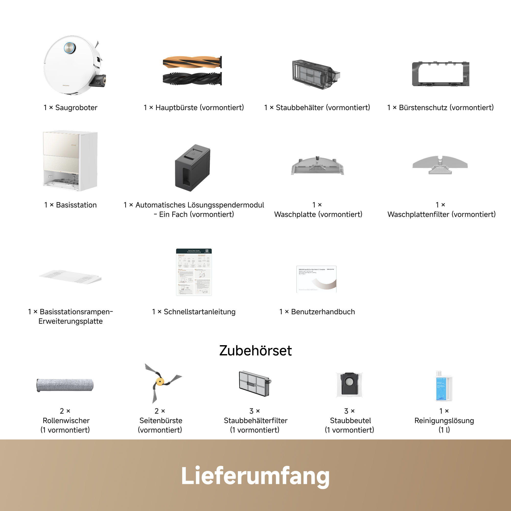 Übersicht des Lieferumfangs eines Saugroboters mit Basisstation, Zubehörteilen, Filtern, Bürsten und Handbüchern.