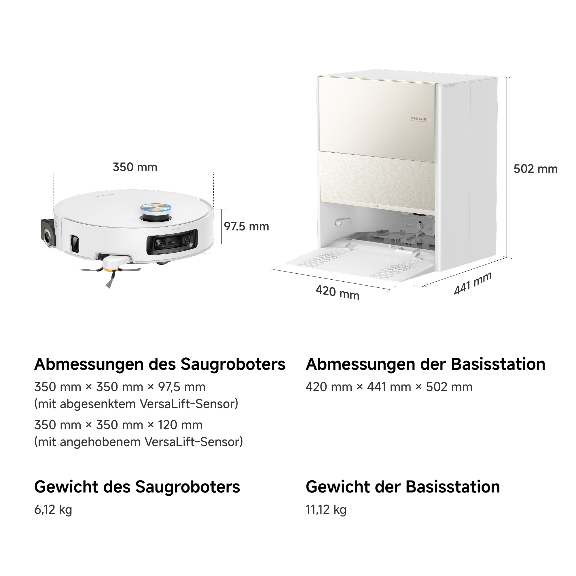 Diagramm mit den Abmessungen und Gewichten eines Saugroboters und seiner Basisstation.