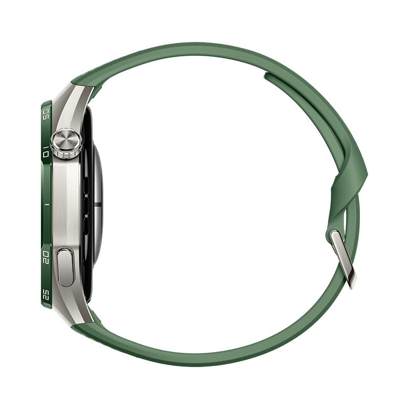 Seitenansicht einer Smartwatch mit grünem Armband und silbernem Gehäuse auf schwarzem Hintergrund.