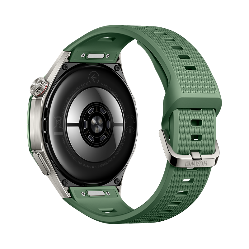 Rückseite einer grünen Smartwatch mit silbernem Gehäuse und Sensoren.