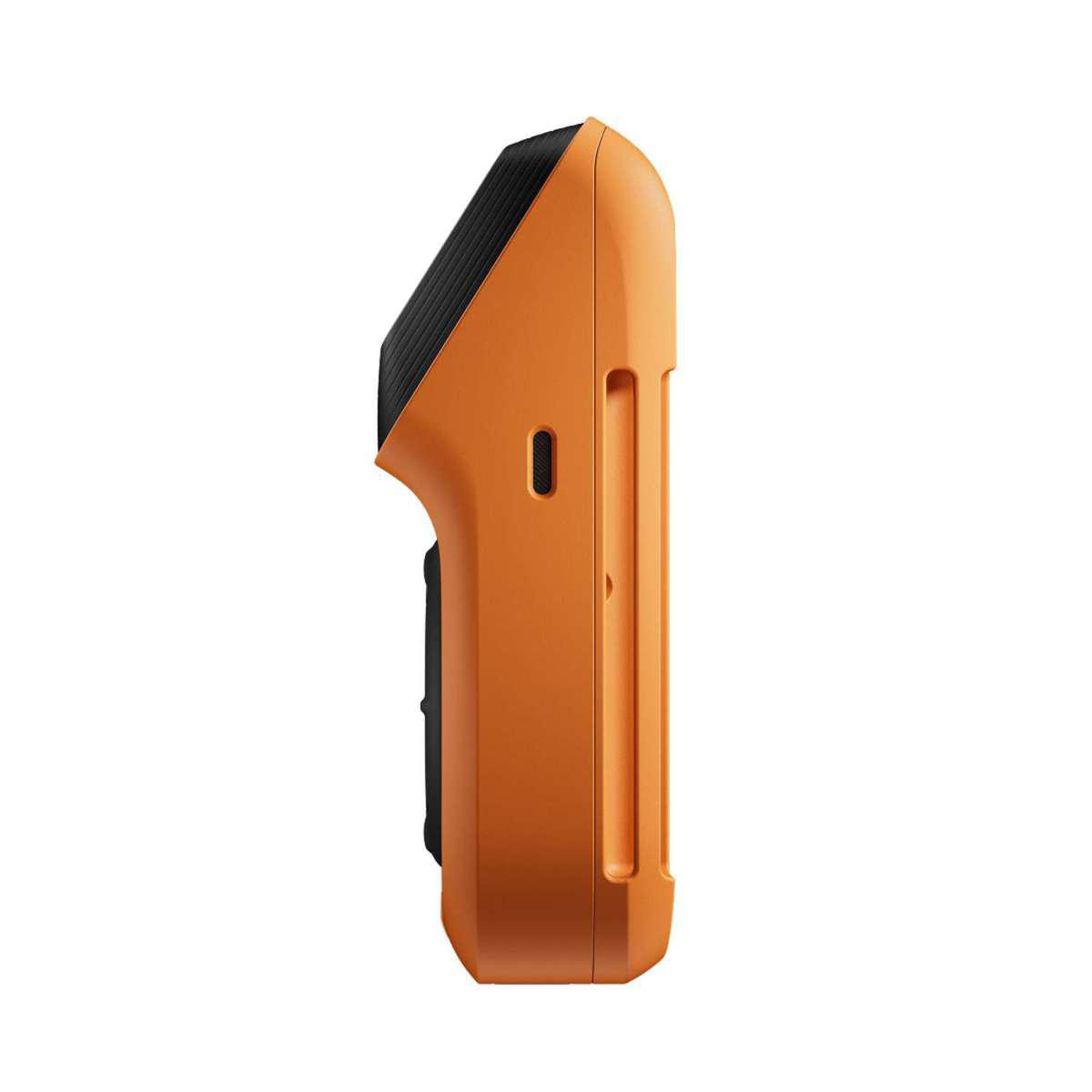 Seitenansicht eines orange-schwarzen Handgeräts mit Rillen.