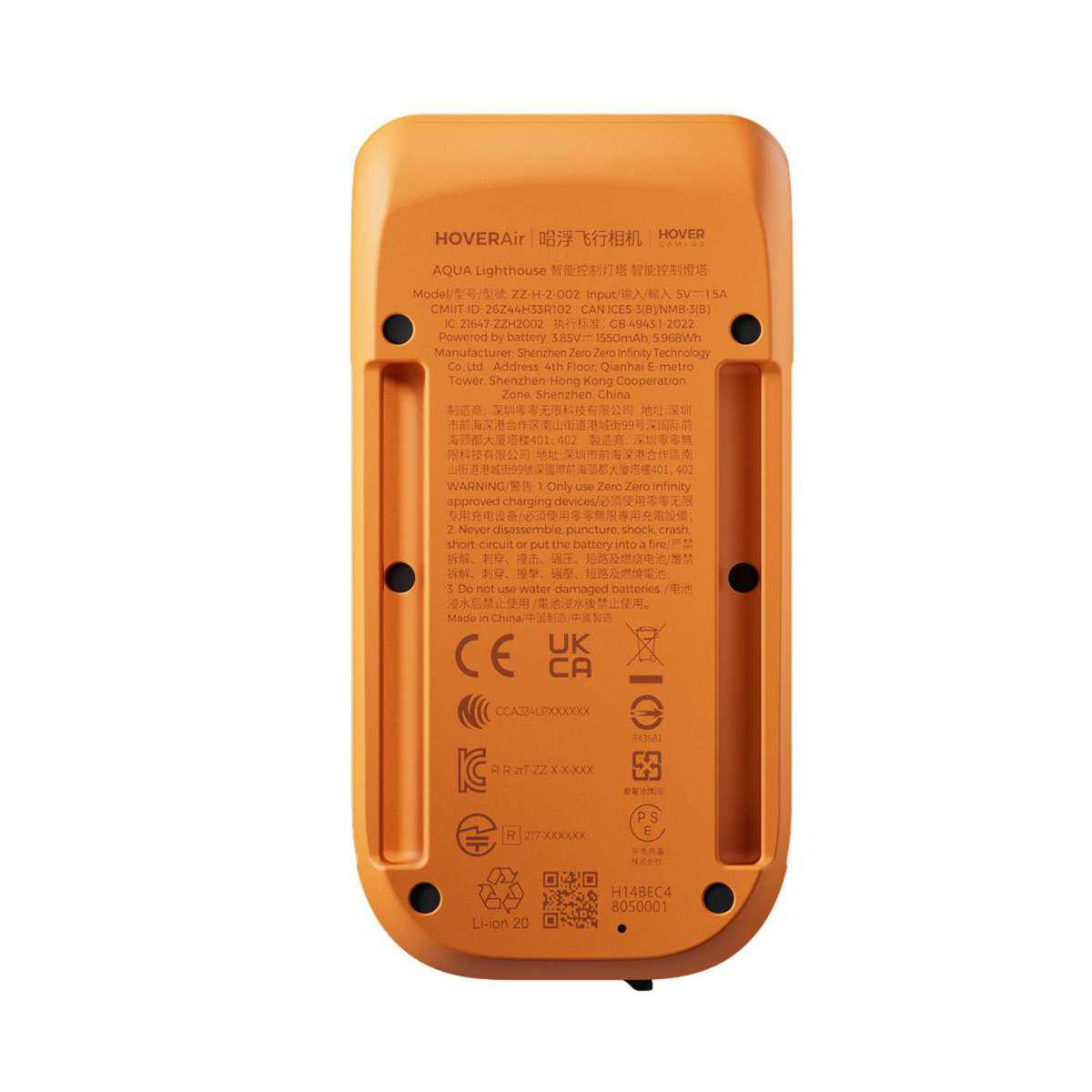 Rückseite eines orangen HoverAir Geräts mit Modellinformationen, CE-Zeichen und Batteriehinweisen.