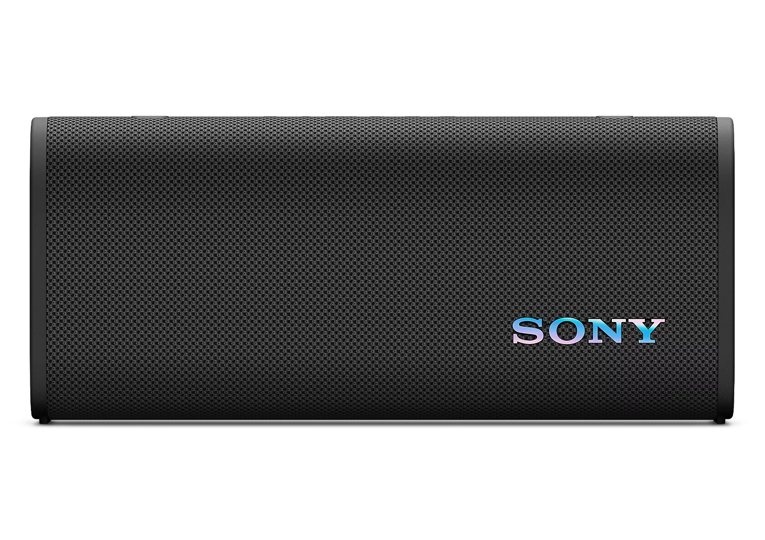 Siyah arkaplan uzerinde gokkusagi logolu siyah kablosuz Sony hoparlor.