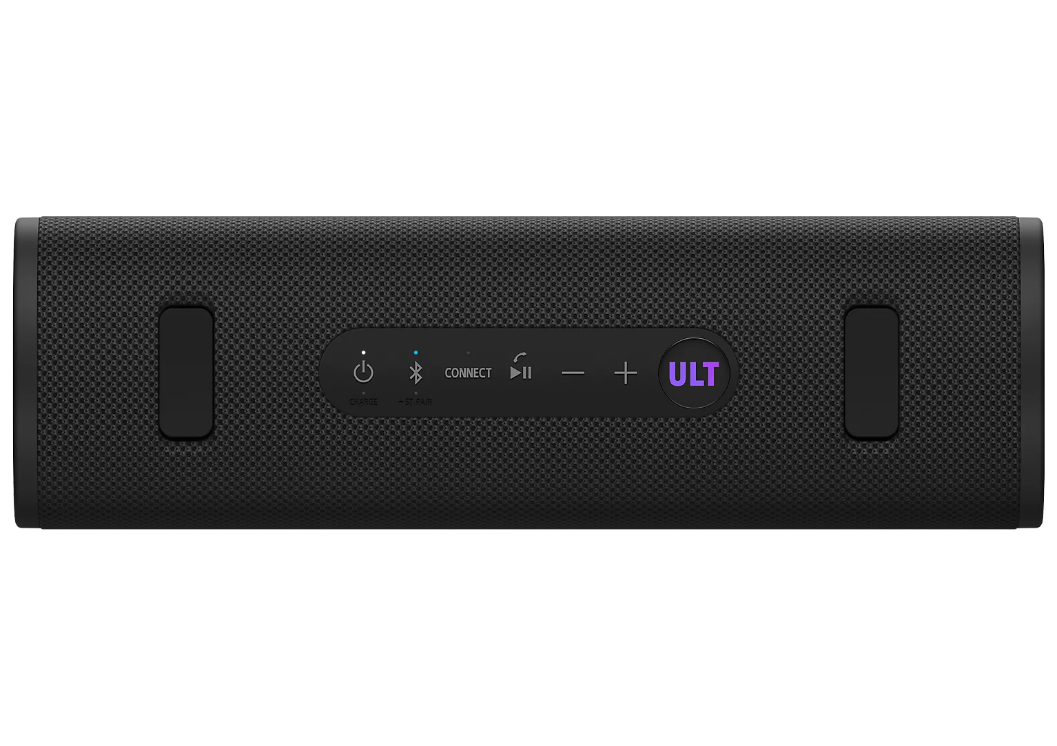Kontrol paneline ve mor ULT düğmesine sahip siyah Bluetooth hoparlör.
