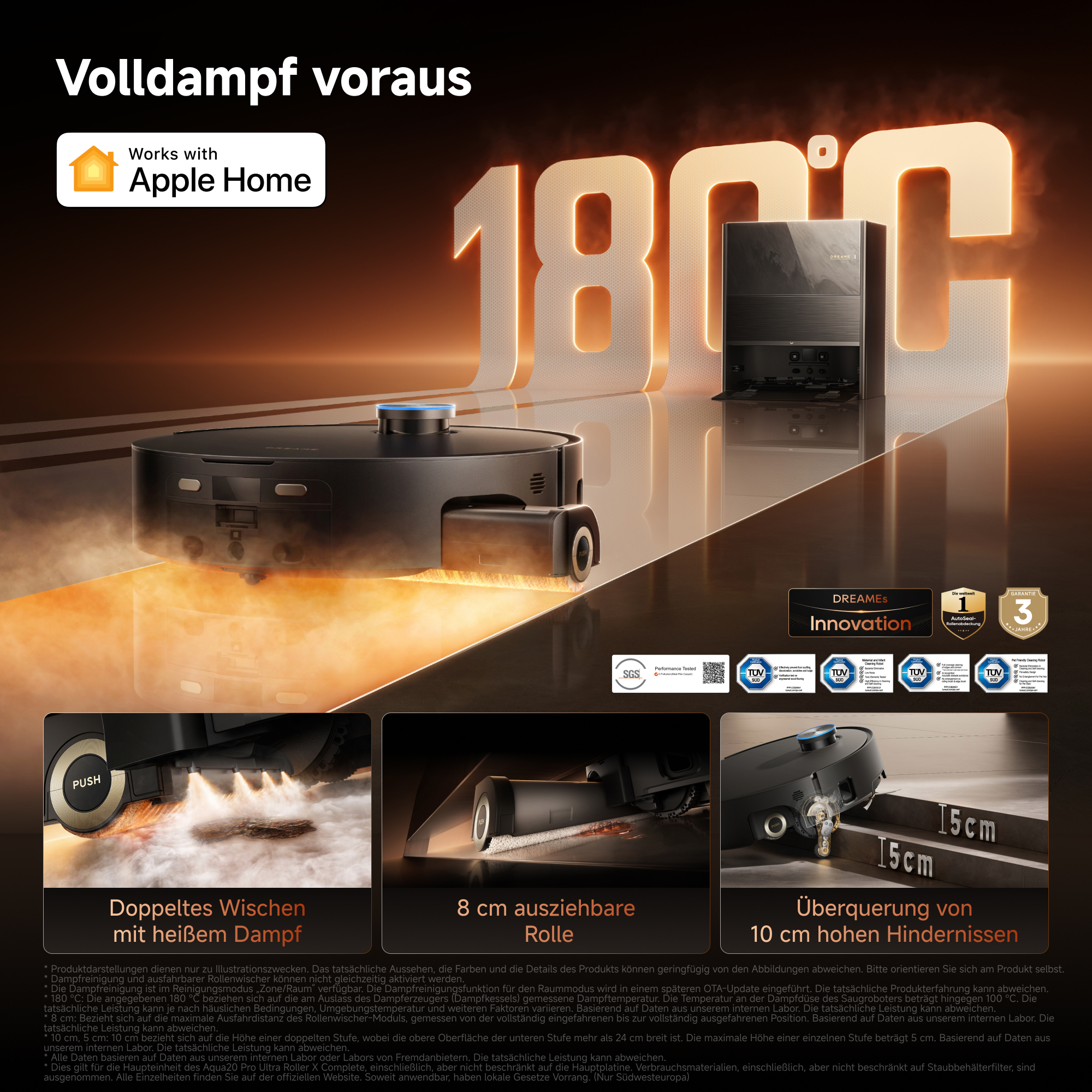 Werbung für einen Saug- und Wischroboter mit Dampf, Basisstation und drei Anwendungs-Beispielen.