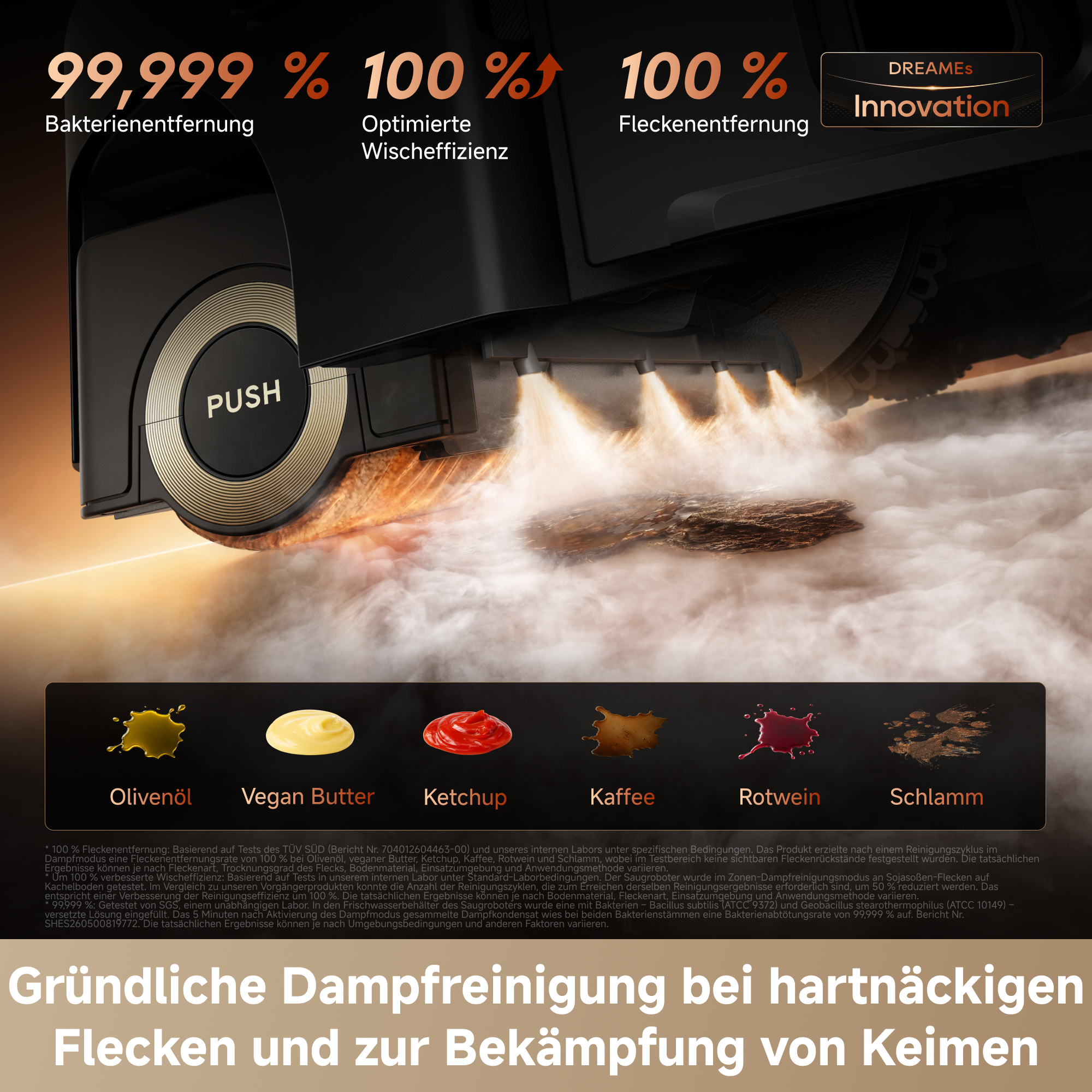 Ein Dampfreinigungsroboter entfernt Schmutz und Keime mit Dampf, mit Texten zu Leistung und Fleckenarten.