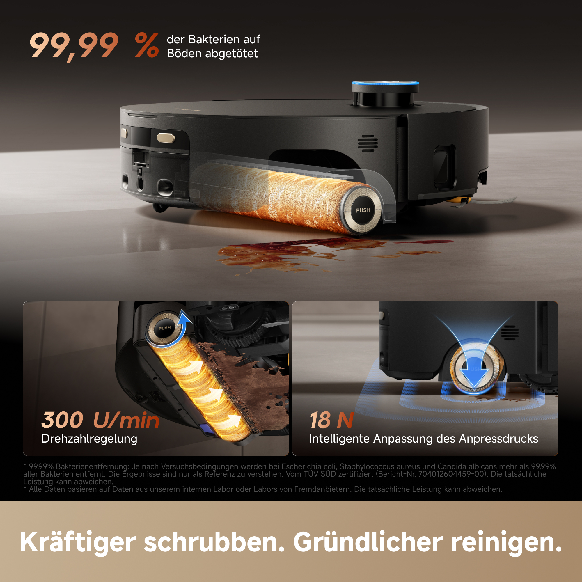 Ein schwarzer Saugroboter zeigt seine rotierende Wischwalze, die Schmutz auf dem Boden reinigt.