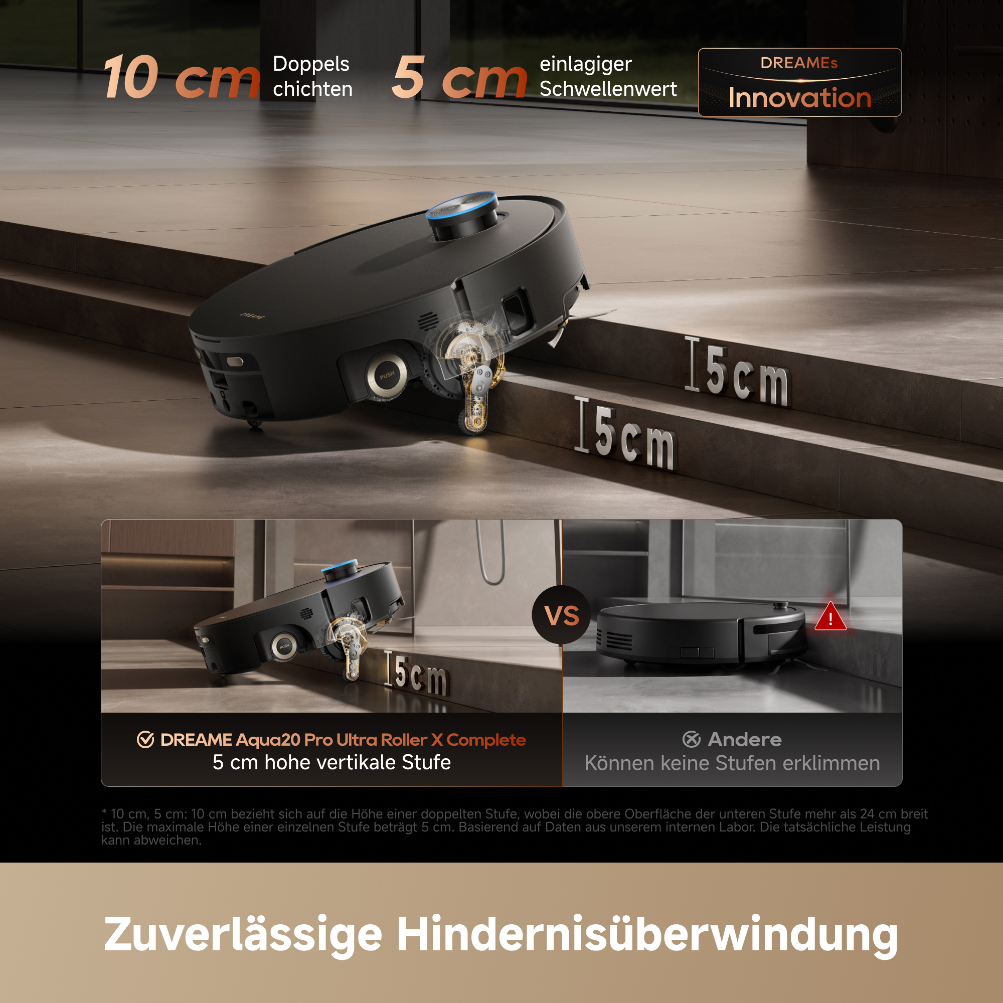 Ein schwarzer Saugroboter klettert über eine Stufe, verglichen mit einem anderen, der stecken bleibt.
