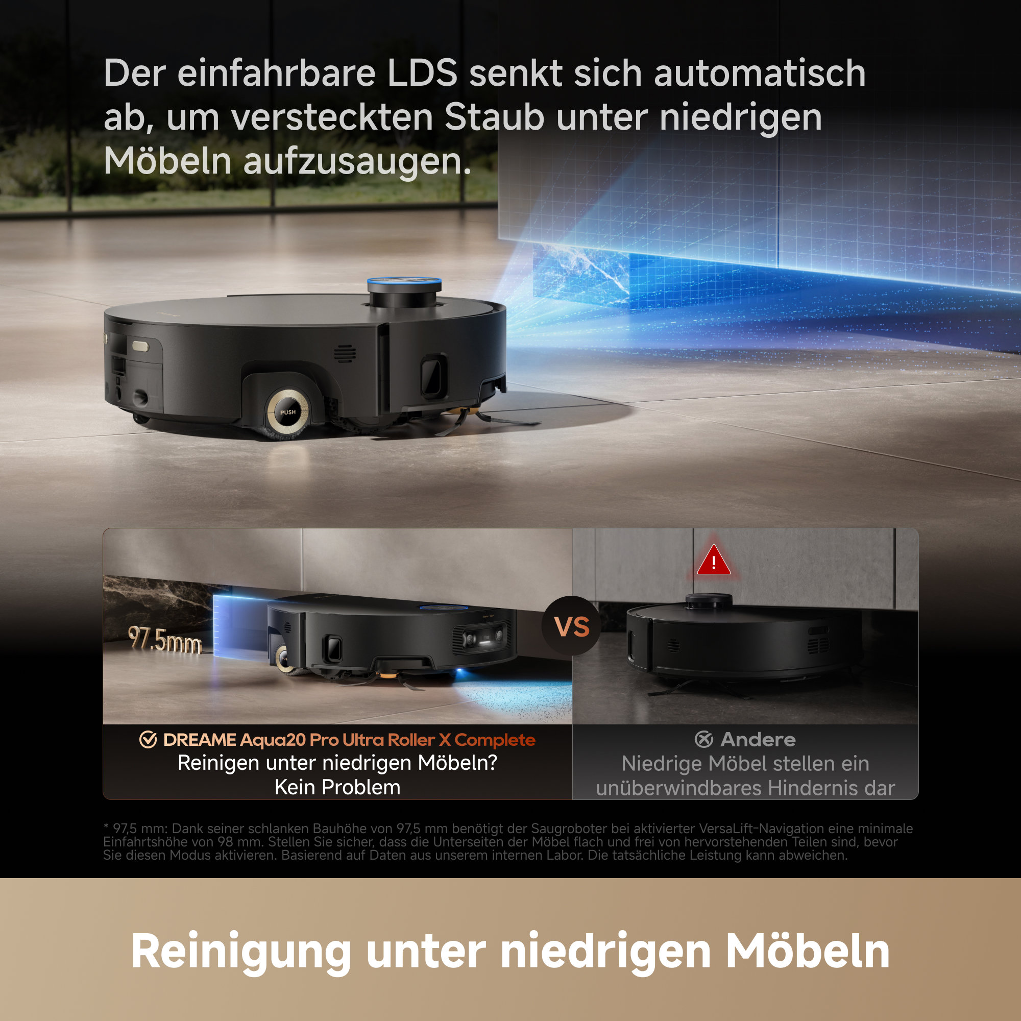 Ein schwarzer Saugroboter reinigt unter niedrigen Möbeln mit automatisch absenkbarem LDS.