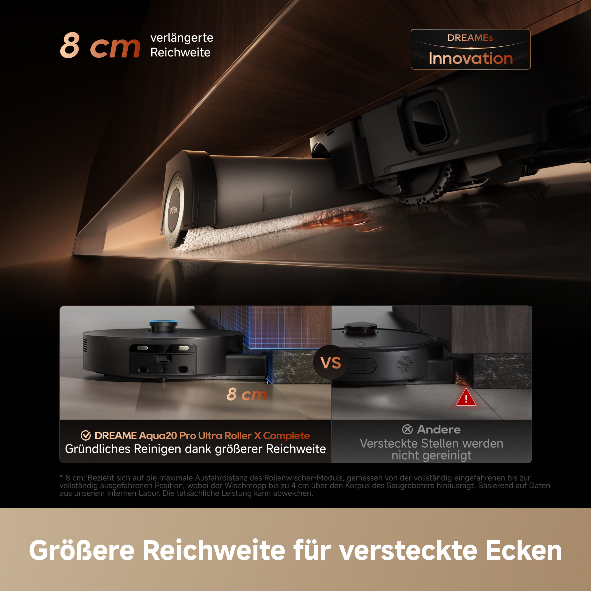 Ein Saugroboter fährt den Wischmopp 8 cm aus, um unter Möbeln zu reinigen.