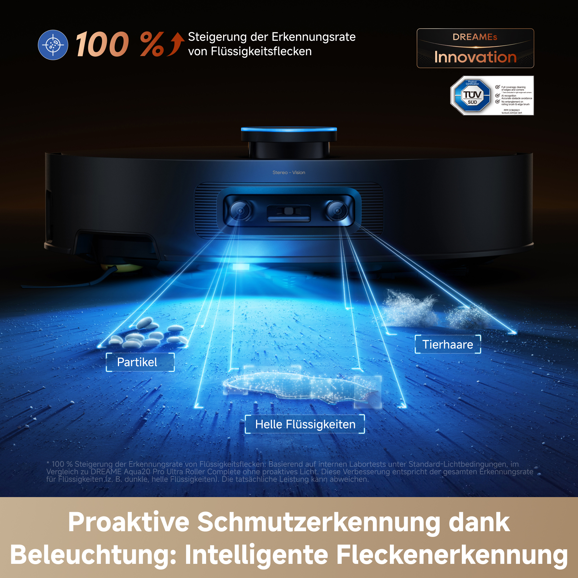 Ein schwarzer Saugroboter projiziert blaues Licht auf den Boden, um Partikel, Flüssigkeiten und Haare zu erkennen.